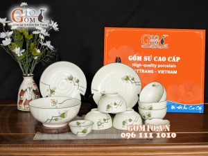 Bộ đồ ăn men kem vẽ Đài Sen, 11 chi tiết