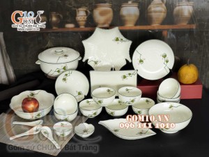 Bộ đồ ăn men kem vẽ Đài Sen, chỉ xanh - 23 chi tiết