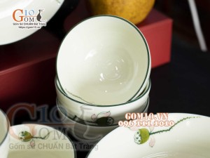 Bộ đồ ăn men kem vẽ Đài Sen, chỉ xanh - 23 chi tiết