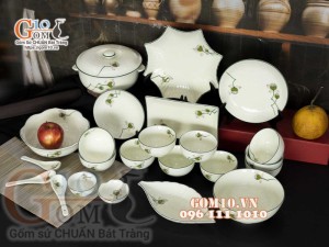 Bộ đồ ăn men kem vẽ Đài Sen, chỉ xanh - 23 chi tiết