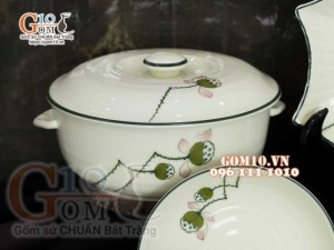 Bộ đồ ăn men kem vẽ Đài Sen, chỉ xanh - 23 chi tiết