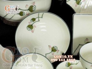 Bộ đồ ăn men kem vẽ Đài Sen, chỉ xanh - 23 chi tiết