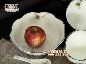 Bộ đồ ăn men kem vẽ Đài Sen, chỉ xanh - 23 chi tiết