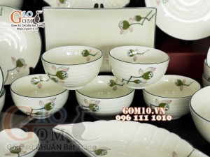 Bộ đồ ăn men kem vẽ Đài Sen, chỉ xanh - 23 chi tiết