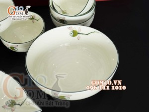 Bộ đồ ăn men kem vẽ Đài Sen, chỉ xanh - 23 chi tiết