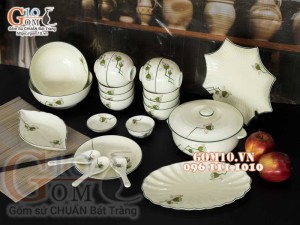 Bộ đồ ăn men kem vẽ Đài Sen, chỉ xanh - 22 chi tiết