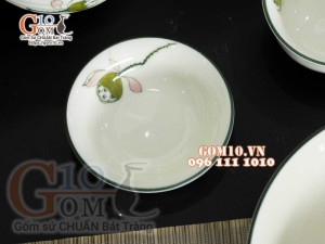 Bộ đồ ăn men kem vẽ Đài Sen, chỉ xanh - 22 chi tiết