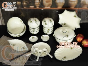 Bộ đồ ăn men kem vẽ Đài Sen, chỉ xanh - 22 chi tiết