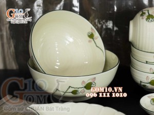 Bộ đồ ăn men kem vẽ Đài Sen, chỉ xanh - 22 chi tiết