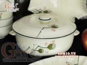 Bộ đồ ăn men kem vẽ Đài Sen, chỉ xanh - 22 chi tiết