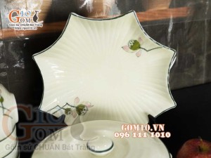 Bộ đồ ăn men kem vẽ Đài Sen, chỉ xanh - 22 chi tiết