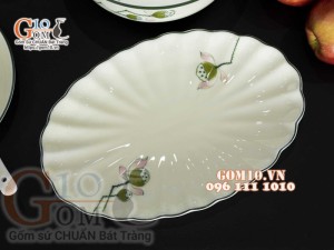 Bộ đồ ăn men kem vẽ Đài Sen, chỉ xanh - 22 chi tiết