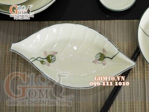 Bộ đồ ăn men kem vẽ Đài Sen, chỉ xanh - 22 chi tiết