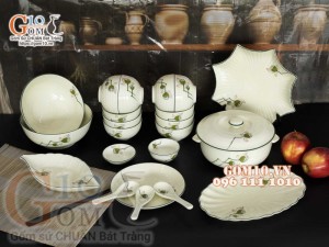 Bộ đồ ăn men kem vẽ Đài Sen, chỉ xanh - 22 chi tiết