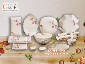 Bộ đồ ăn men kem vẽ Đào đỏ, 18 chi tiết