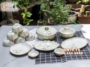 Bộ đồ ăn men kem vẽ hoa Đào phai, 13 chi tiết