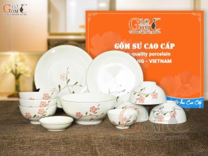 Bộ đồ ăn men kem vẽ hoa Đào hồng, 11 chi tiết