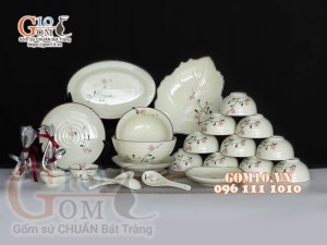 Bộ đồ ăn men kem vẽ hoa Đào phai, chỉ nâu - 22 chi tiết