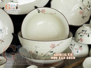 Bộ đồ ăn men kem vẽ hoa Đào phai, chỉ nâu - 22 chi tiết