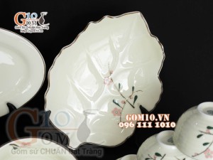 Bộ đồ ăn men kem vẽ hoa Đào phai, chỉ nâu - 22 chi tiết