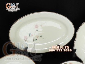 Bộ đồ ăn men kem vẽ hoa Đào phai, chỉ nâu - 22 chi tiết