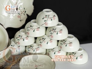 Bộ đồ ăn men kem vẽ hoa Đào phai, chỉ nâu - 22 chi tiết