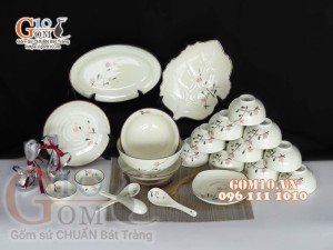 Bộ đồ ăn men kem vẽ hoa Đào phai, chỉ nâu - 22 chi tiết
