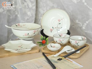 Bộ đồ ăn men kem vẽ hoa Đào phai, 9 chi tiết