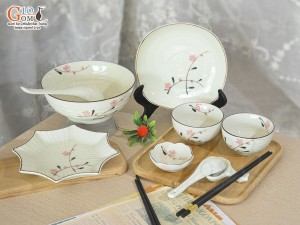 Bộ đồ ăn men kem vẽ hoa Đào phai, 9 chi tiết