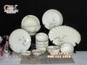 Bộ đồ ăn men kem vẽ hoa Đào phai, chỉ nâu - 13 chi tiết