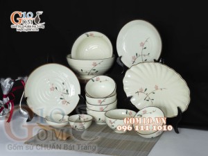 Bộ đồ ăn men kem vẽ hoa Đào phai, chỉ nâu - 13 chi tiết