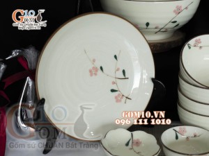 Bộ đồ ăn men kem vẽ hoa Đào phai, chỉ nâu - 13 chi tiết