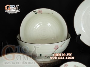 Bộ đồ ăn men kem vẽ hoa Đào phai, chỉ nâu - 13 chi tiết