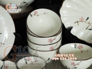 Bộ đồ ăn men kem vẽ hoa Đào phai, chỉ nâu - 13 chi tiết