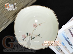 Bộ đồ ăn men kem vẽ hoa Đào phai, chỉ nâu - 13 chi tiết