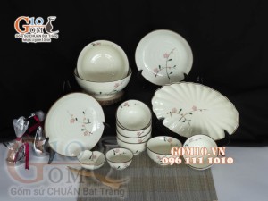 Bộ đồ ăn men kem vẽ hoa Đào phai, chỉ nâu - 13 chi tiết