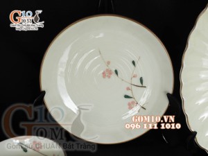 Bộ đồ ăn men kem vẽ hoa Đào phai, chỉ nâu - 23 chi tiết