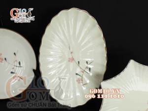 Bộ đồ ăn men kem vẽ hoa Đào phai, chỉ nâu - 23 chi tiết