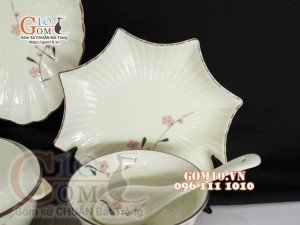 Bộ đồ ăn men kem vẽ hoa Đào phai, chỉ nâu - 23 chi tiết