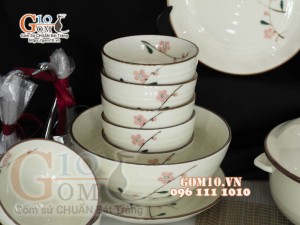 Bộ đồ ăn men kem vẽ hoa Đào phai, chỉ nâu - 23 chi tiết