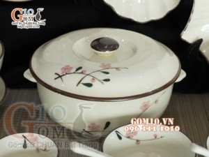 Bộ đồ ăn men kem vẽ hoa Đào phai, chỉ nâu - 23 chi tiết