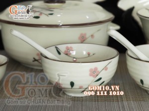 Bộ đồ ăn men kem vẽ hoa Đào phai, chỉ nâu - 23 chi tiết