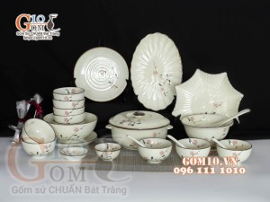 Bộ đồ ăn men kem vẽ hoa Đào phai, chỉ nâu - 23 chi tiết