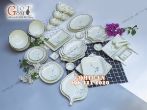 Bộ đồ ăn men kem vẽ hoa Đào Xanh 001