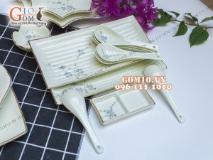Bộ đồ ăn men kem vẽ hoa Đào Xanh 001