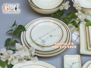 Bộ đồ ăn men kem vẽ hoa Đào Xanh 001