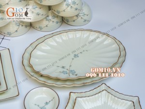 Bộ đồ ăn men kem vẽ hoa Đào Xanh 001