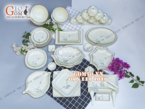 Bộ đồ ăn men kem vẽ hoa Đào Xanh 001