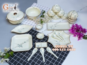 Bộ đồ ăn men kem vẽ hoa Đào Xanh 002