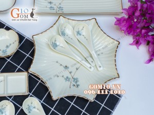 Bộ đồ ăn men kem vẽ hoa Đào Xanh 002